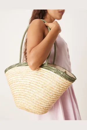 My Accessories Medium straw tote bag with contrast green strap in beige