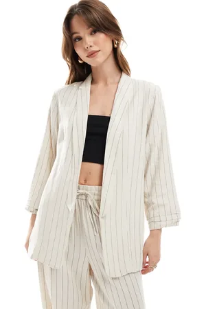 Pieces® Mix & match linen touch ruched sleeve blazer in birch cream and black stripe