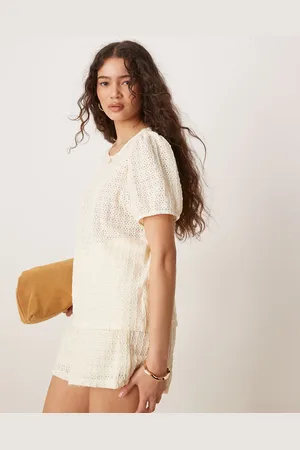 VILA Textured puff sleeve t-shirt co-ord in cream
