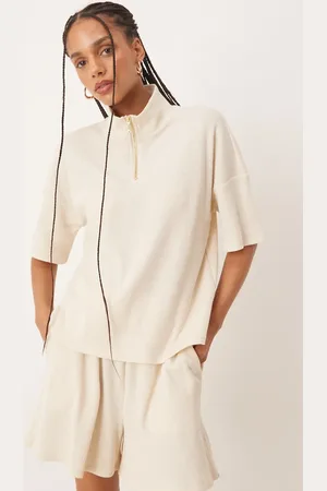 VILA Boxy 1/4 zip waffle top co-ord with faux pearl zip detail in birch cream