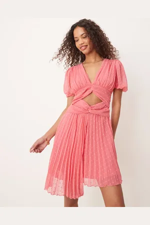 ASOS V neck double twist front pleated mini dress in coral
