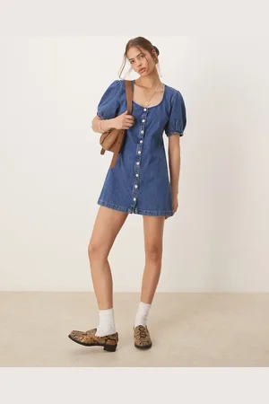 ASOS Denim button through mini dress with puff sleeves in midwash