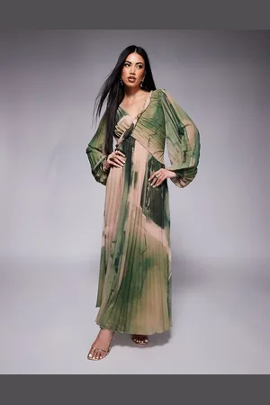 ASOS Twist detail wrap front pleated maxi dress in green watecolour print