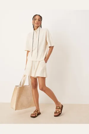 VILA High waist waffle short co-ord in birch cream