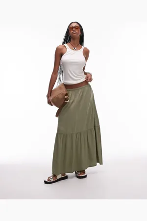 & OTHER STORIES Linen blend maxi skirt with tiered hem and side splits in khaki