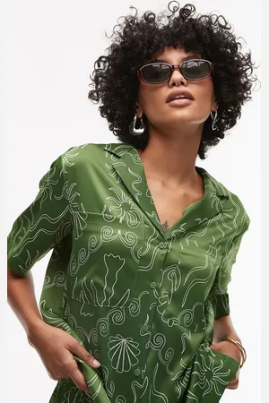 Topshop Co-ord satin resort shirt in palm print