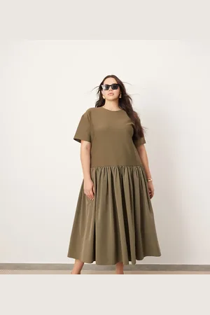 ASOS Curve jersey contrast fabric tshirt dress with drop waist in olive