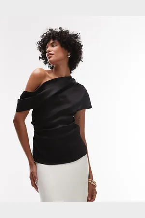 MANGO Satin drape off shoulder top in