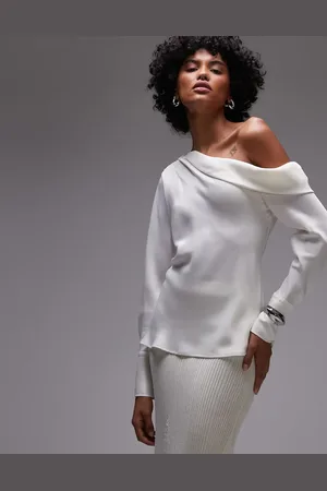 MANGO One shoulder long sleeve satin top in