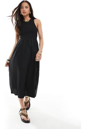 Brave Soul Ribbed midi dress with poplin skirt in