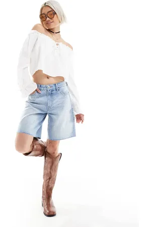 Bershka Diamante longline denim shorts in mid