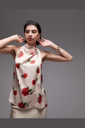 MANGO Satin high neck top in ivory rose print