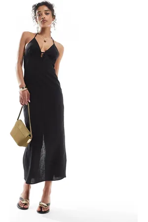 Bershka Halterneck linen maxi dress in black