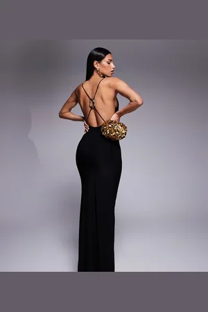 Fashionkilla Exclusive slinky double sculpted strappy cowl neck cross back metal ring detail maxi dress in