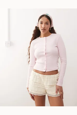Miss Selfridge Button through rib crew neck cardigan in soft