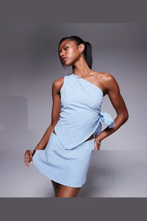 Princess Polly One shoulder tie side top and floaty mini skirt full set in blue and white gingham