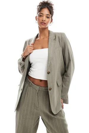 VERO MODA Linen touch oversized blazer co-ord in khaki stripe