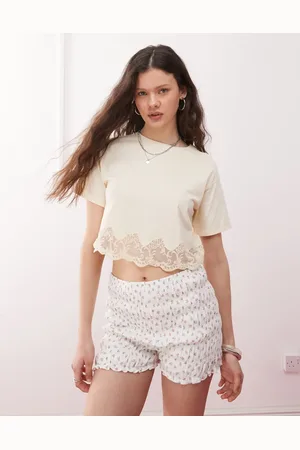 Miss Selfridge Lace hem short sleeve t-shirt in buttermilk