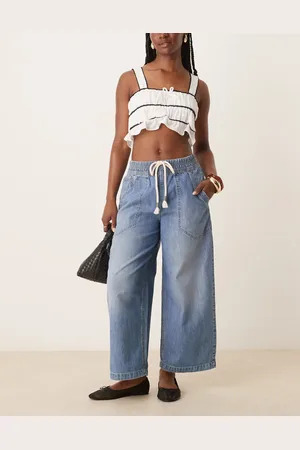 Free People Tie-detail barrel leg pull-on jeans in mid wash
