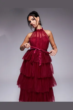 Lulus High neck tiered midi dress in rust
