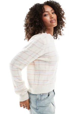 ASOS Knitted fluffy checked jumper in ecru