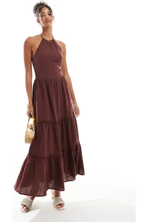 Bershka Linen halterneck tiered maxi dress in brown