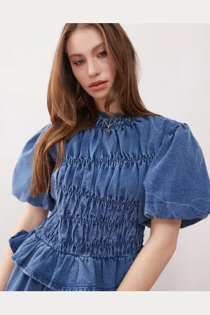 Reclaimed Puff sleeve shirred detail top co-ord in denim wash