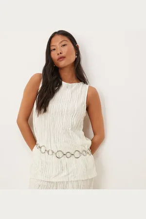 VILA Plisse slash neck sleeveless top co-ord in pale silt tie dye
