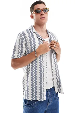 Hollister Short sleeve lace zig-zag stripe revere collar shirt in /cream