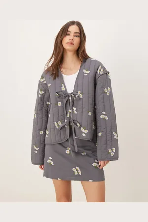 ASOS Tie front quilted embroidered jacket in washed