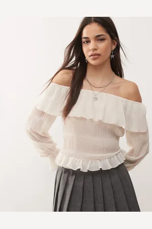 Motel Kalena ruffle off-shoulder long sleeve blouse in ivory