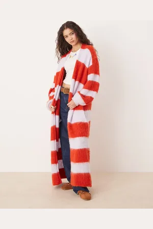 Free People Fluffy longline oversized cardigan in red and lilac
