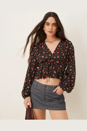 MANGO Tie front rose print blouse in