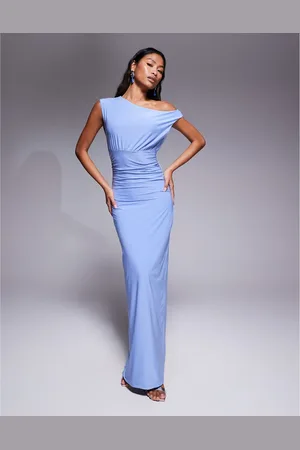 Fashionkilla Double sculpted slinky sleeveless asymmetric neck ruched bodycon maxi dress in baby