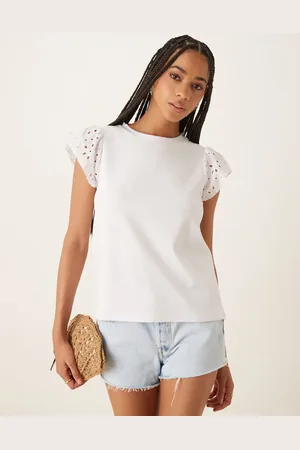 VILA Broderie flutter sleeve jersey top in