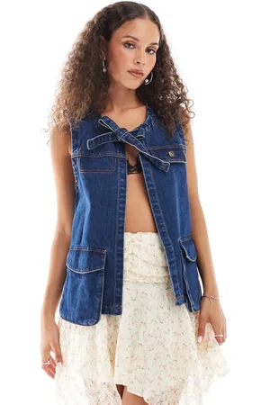 Urban Revivo Tie neck pocket detail denim gilet in indigo blue