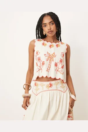Never Fully Dressed Embroidered cotton top co-ord in cream and red