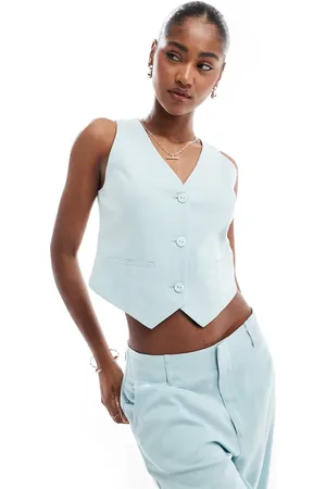 Stradivarius Co-ord cropped linen look waist coat with open back in light