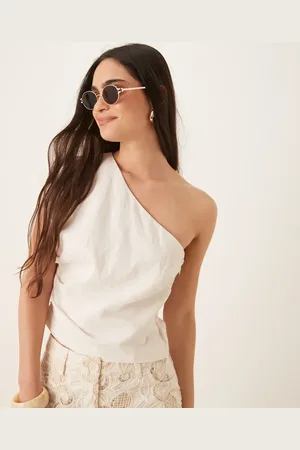 MANGO One shoulder cinched waist top in