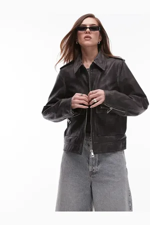 Topshop Premium real leather zip through jacket in