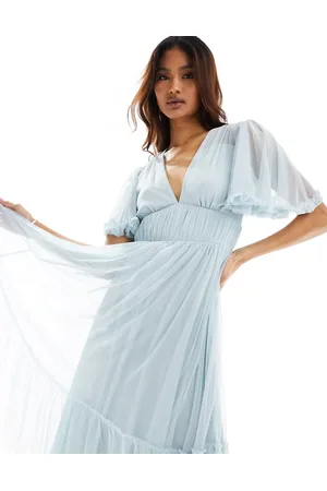 Beauut Bridesmaid tulle midi dress with flutter sleeve in ice