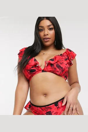 Simply Be Plunge frill bikini top in red floral