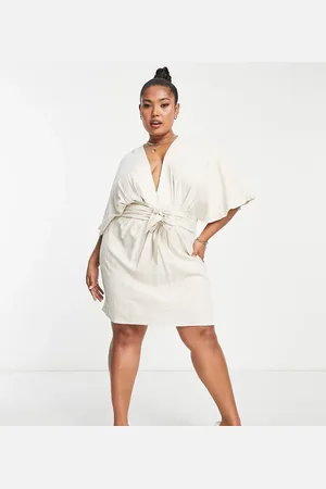 ASOS ASOS DESIGN Curve batwing tie front linen mini dress in natural