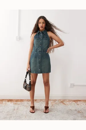 Noisy May Racer neck collared denim dress in tinted denim