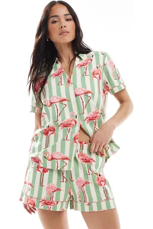 Chelsea Peers Cotton short sleeve revere and short set in striped flamingo print