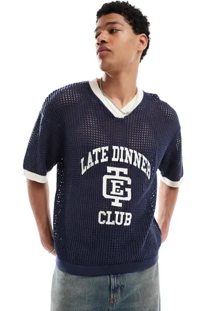 Bershka Knitted mesh late club t-shirt in navy