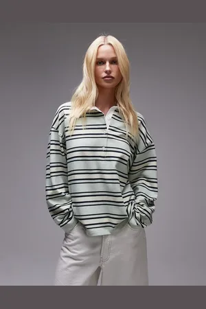 Topshop Jersey stripe rugby long sleeve polo in pistachio