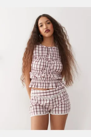 Reclaimed Shirred top with seam details in pink check