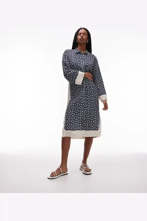 ARKET Long sleeve midi shirt dress in blue and white print