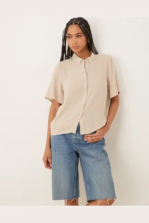 VILA Linen touch flutter sleeve shirt in stone